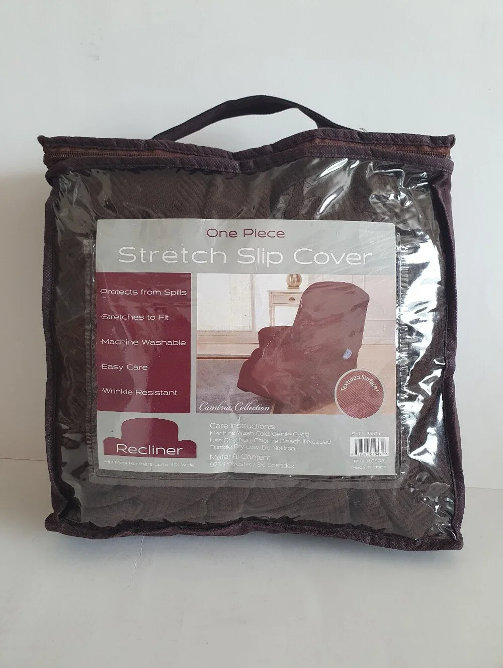 Cambria Collection One Piece Stretch Polyester Slip Cover Recliner Color Brown